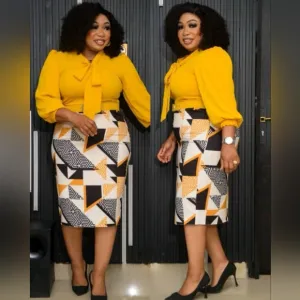 Mustard/Black/Off-White Print Midi Dress
