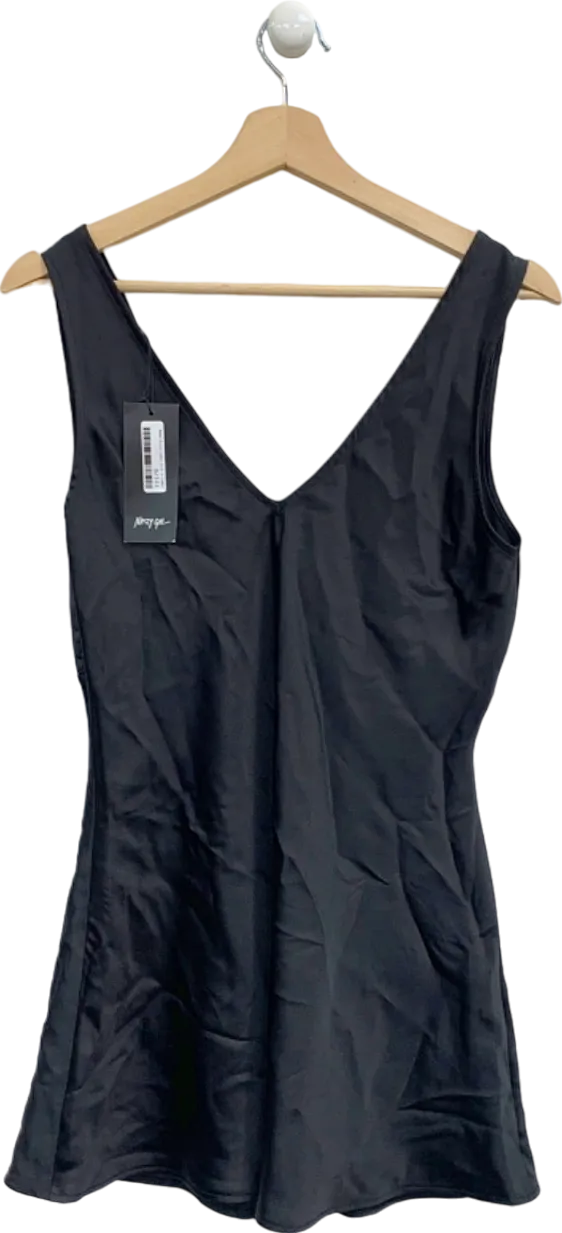 Nasty Gal Black Petite Satin V Neck Mini Dress UK 12