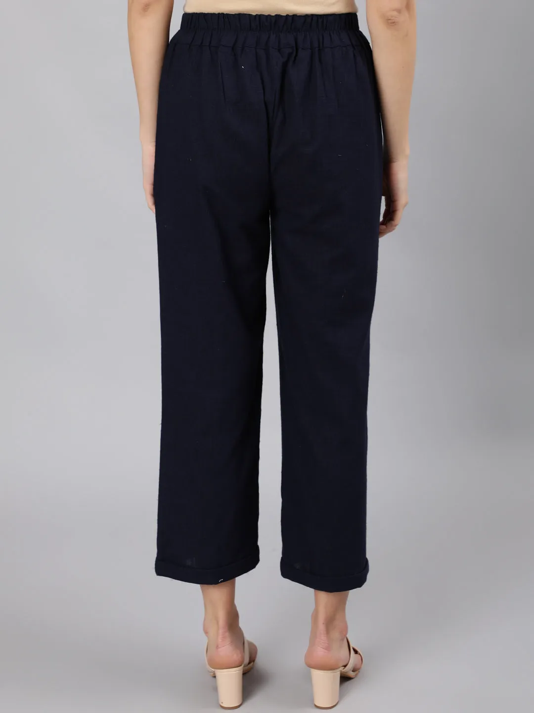 Navy Blue Cotton Slub Straight High Rise Bottom-Fold Pants