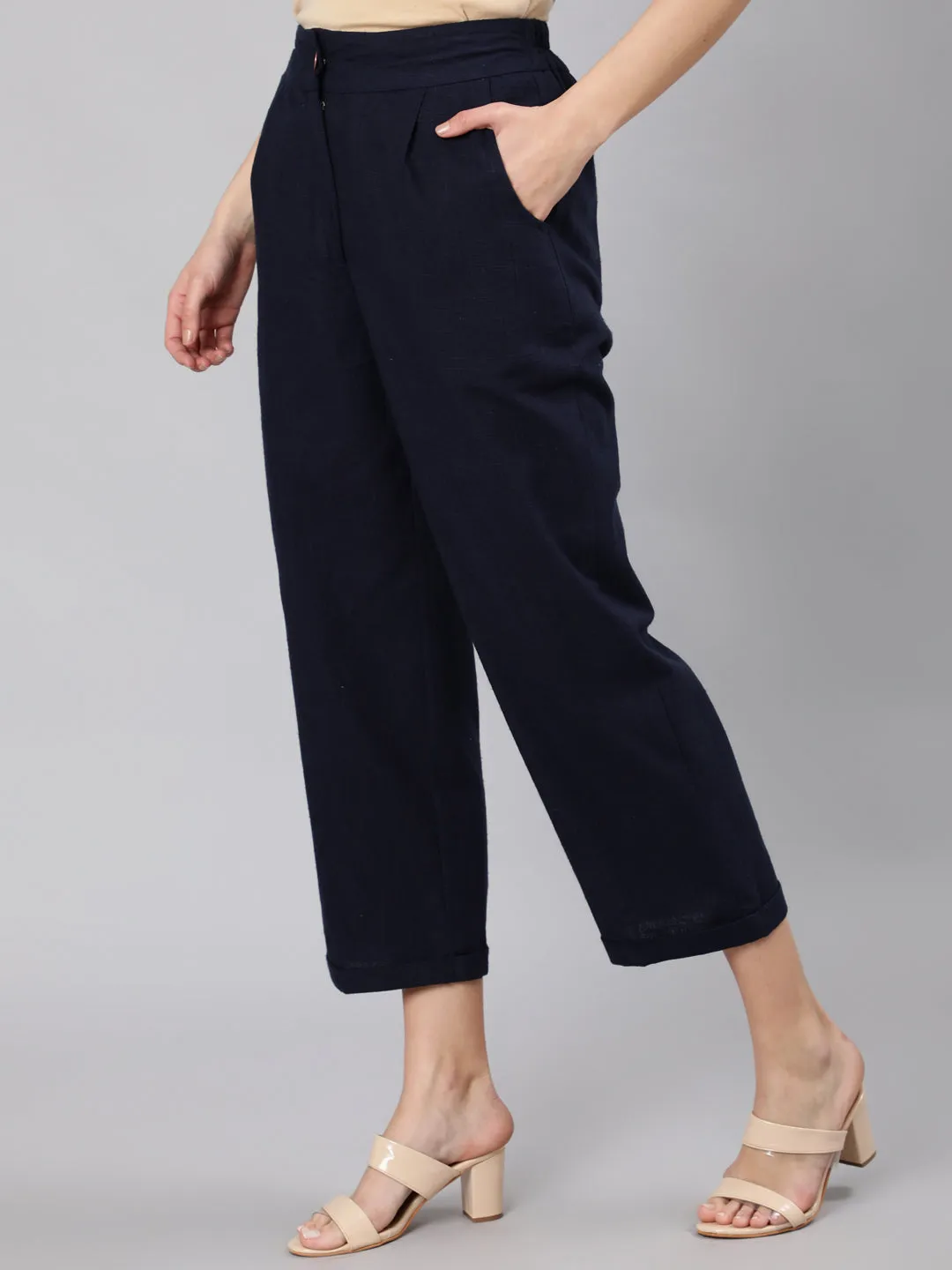 Navy Blue Cotton Slub Straight High Rise Bottom-Fold Pants
