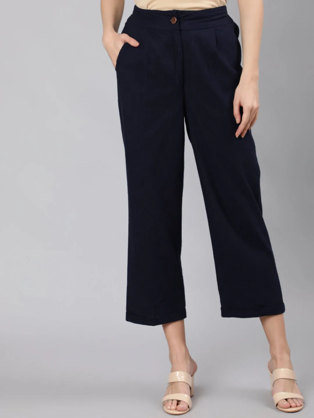 Navy Blue Cotton Slub Straight High Rise Bottom-Fold Pants