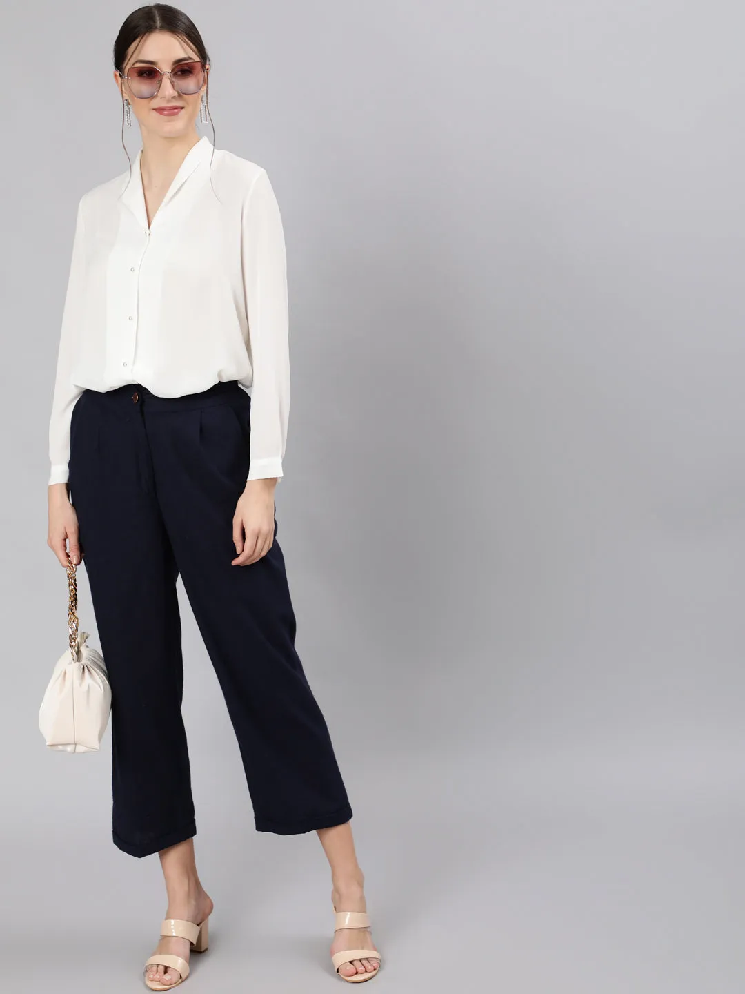 Navy Blue Cotton Slub Straight High Rise Bottom-Fold Pants