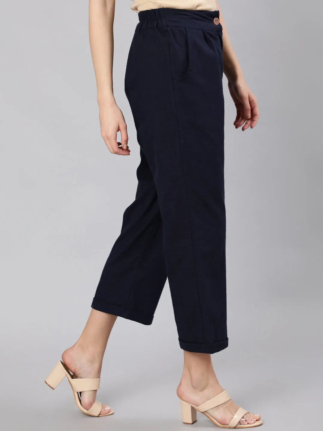 Navy Blue Cotton Slub Straight High Rise Bottom-Fold Pants