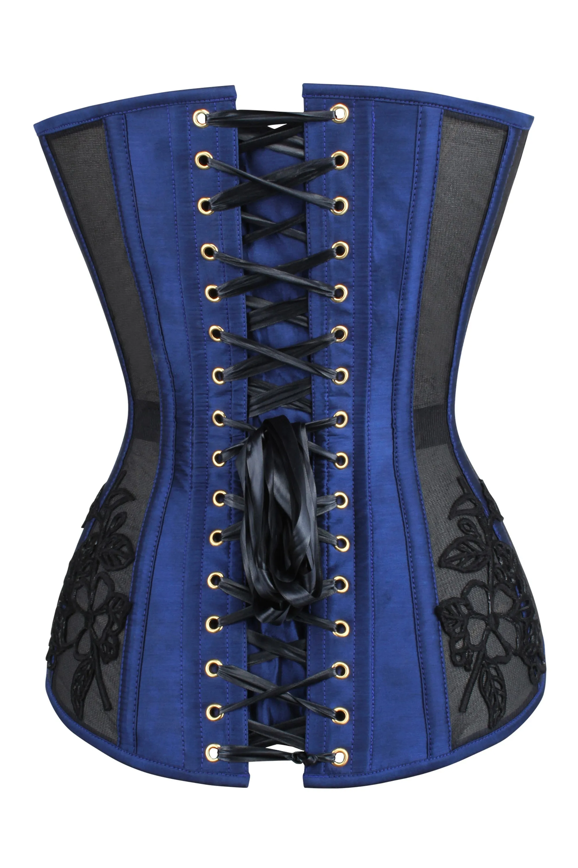 Navy Blue Longline Overbust Corset with Black Lace and Mesh Panels