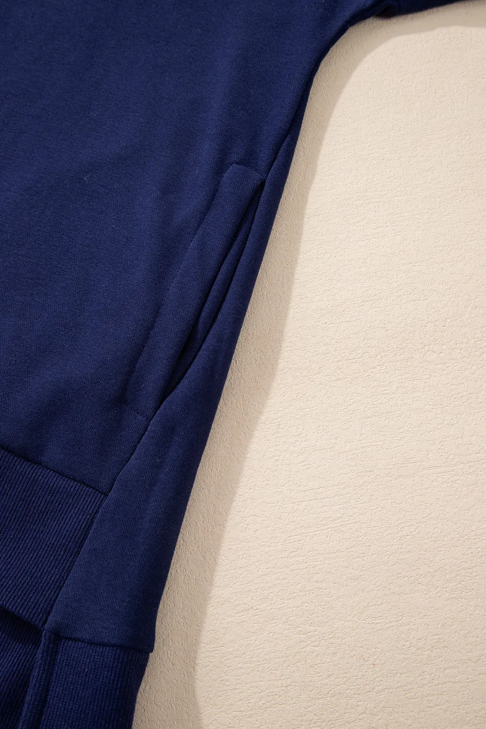 Navy Blue Solid O Neck High Low Hem Pullover Sweatshirt