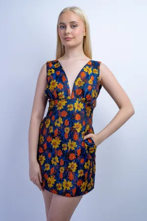 Navy Floral Jacquard Low V Dress