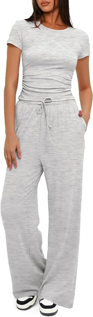 New Darong Women's 2 Piece Outfits Lounge Sets Ruched Short Sleeve Tops and High Waisted Wide Leg Pants Tracksuit Set in Light Grey Sz M