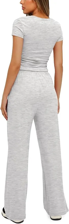 New Darong Women's 2 Piece Outfits Lounge Sets Ruched Short Sleeve Tops and High Waisted Wide Leg Pants Tracksuit Set in Light Grey Sz M