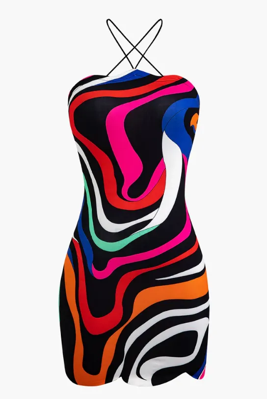 NEW Micas Abstract Print Cross Strap Mini Dress, Sz S