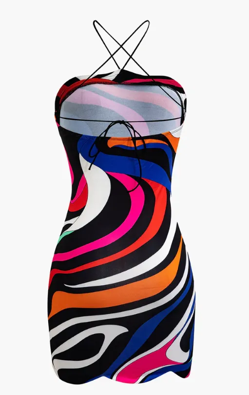 NEW Micas Abstract Print Cross Strap Mini Dress, Sz S
