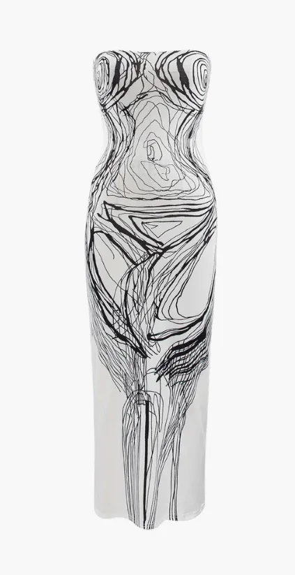 NEW Micas Line Print Strapless Midi Dress, Sz M