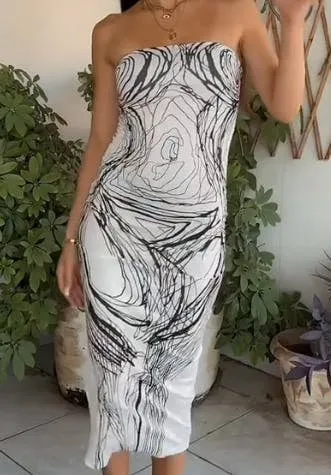 NEW Micas Line Print Strapless Midi Dress, Sz M