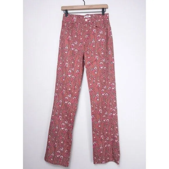 NEW Re/Done Floral High Waisted Pant 26 Denim Retro Pink Wide Leg