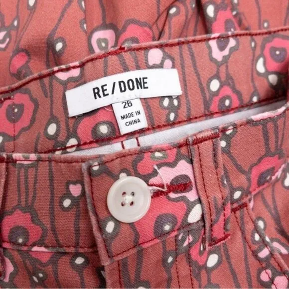 NEW Re/Done Floral High Waisted Pant 26 Denim Retro Pink Wide Leg