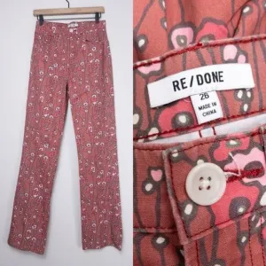 NEW Re/Done Floral High Waisted Pant 26 Denim Retro Pink Wide Leg