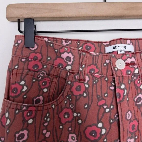 NEW Re/Done Floral High Waisted Pant 26 Denim Retro Pink Wide Leg