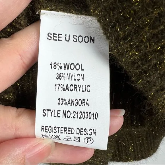 NEW See U Soon Mock Neck Brown/ Gold Metallic Knit Sweater S/M Fall Minimal