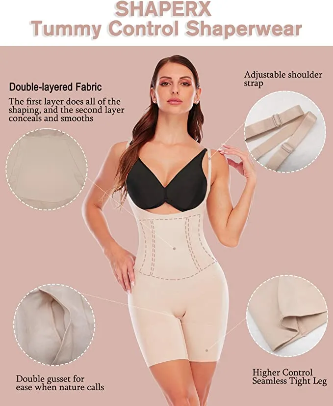 New SHAPERX Tummy Control Shapewear for Women Seamless Fajas Bodysuit Open Bust Mid Thigh Body Shaper Shorts, Sz L!