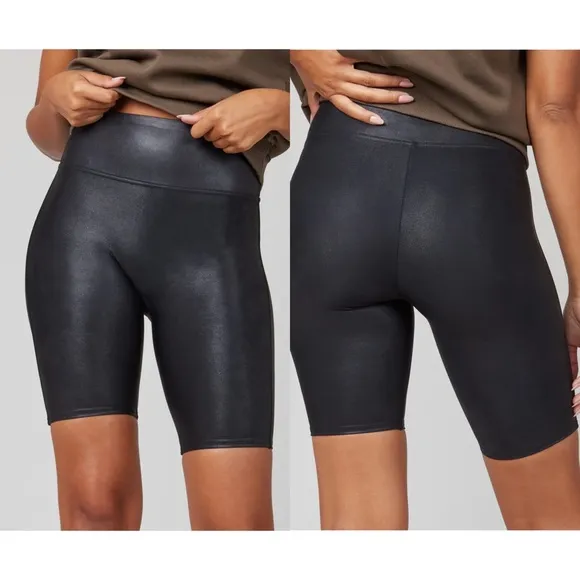 New SPANX Faux Leather High Rise Compressing Bike Shorts in Black Small