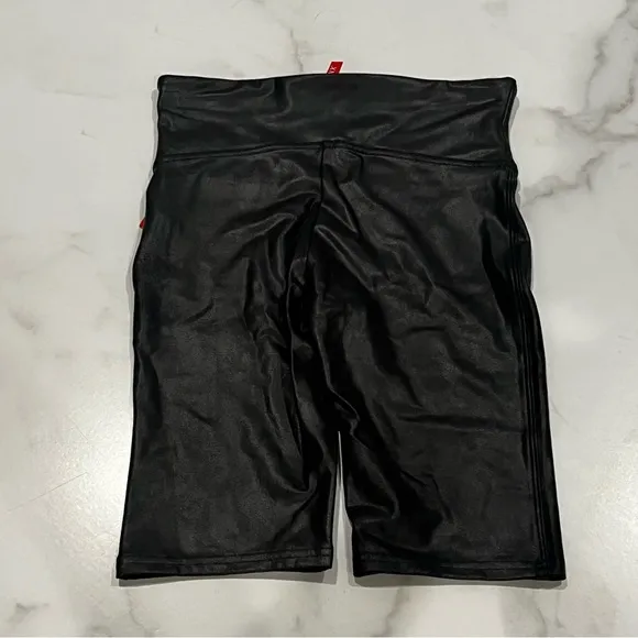 New SPANX Faux Leather High Rise Compressing Bike Shorts in Black Small