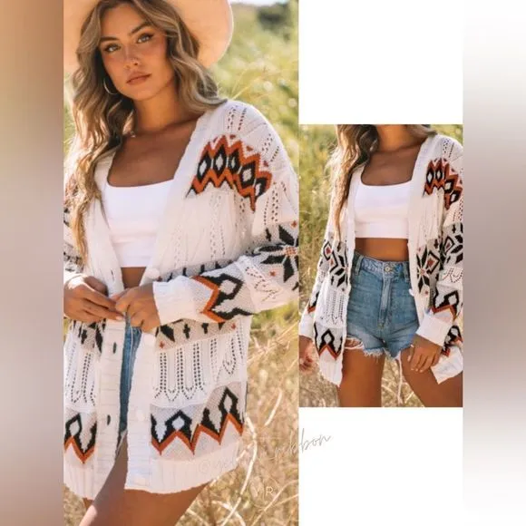 NEW White Tribal Pattern Long Cardigan