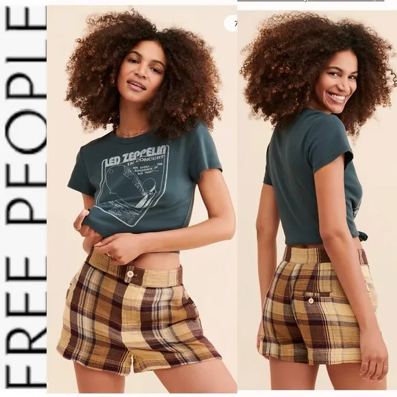 NWOT Free People Island Plaid Shorts tan/brown 2