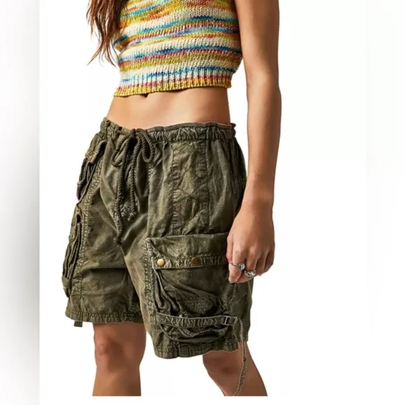 NWOT Free People Moon Bay Utility Parachute Shorts Womens Sz M Washed Army Green