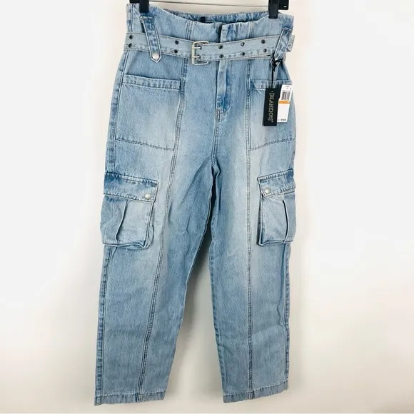NWT BLANKNYC Light Wash Straight Leg Jeans Belted Buckle Y2K 90's Cargo Pants