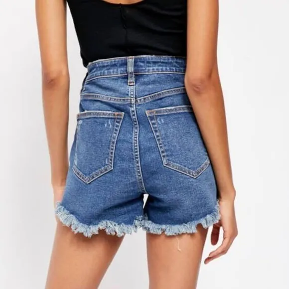 NWT Free People CRVY Vintage High-Rise Distressed Shorts in Lolita Blue