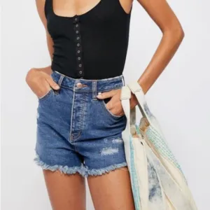 NWT Free People CRVY Vintage High-Rise Distressed Shorts in Lolita Blue
