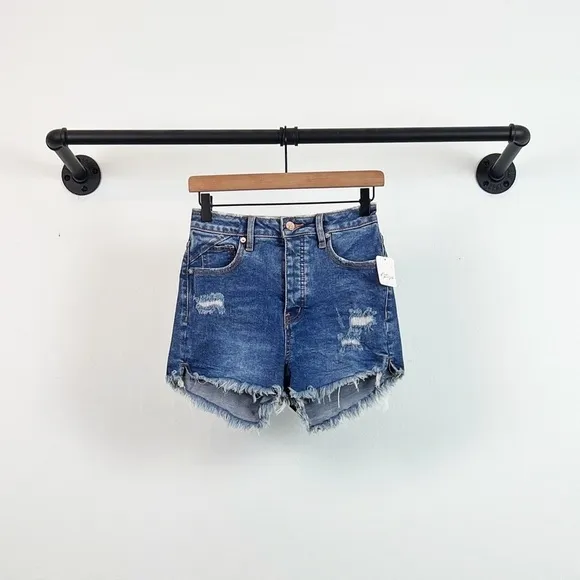NWT Free People CRVY Vintage High-Rise Distressed Shorts in Lolita Blue