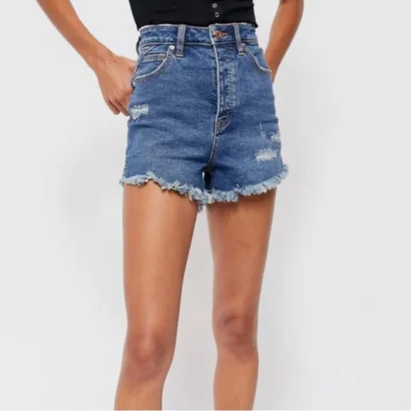 NWT Free People CRVY Vintage High-Rise Distressed Shorts in Lolita Blue