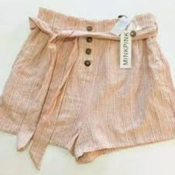 NWT Mink Pink White Pink Stripe High Paper Bag Waist Mom Bermuda Dress Shorts XS