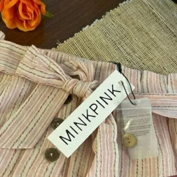 NWT Mink Pink White Pink Stripe High Paper Bag Waist Mom Bermuda Dress Shorts XS