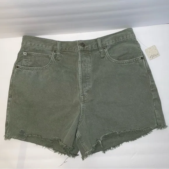 NWT We the Free Army Green Distressed Denim Shorts
