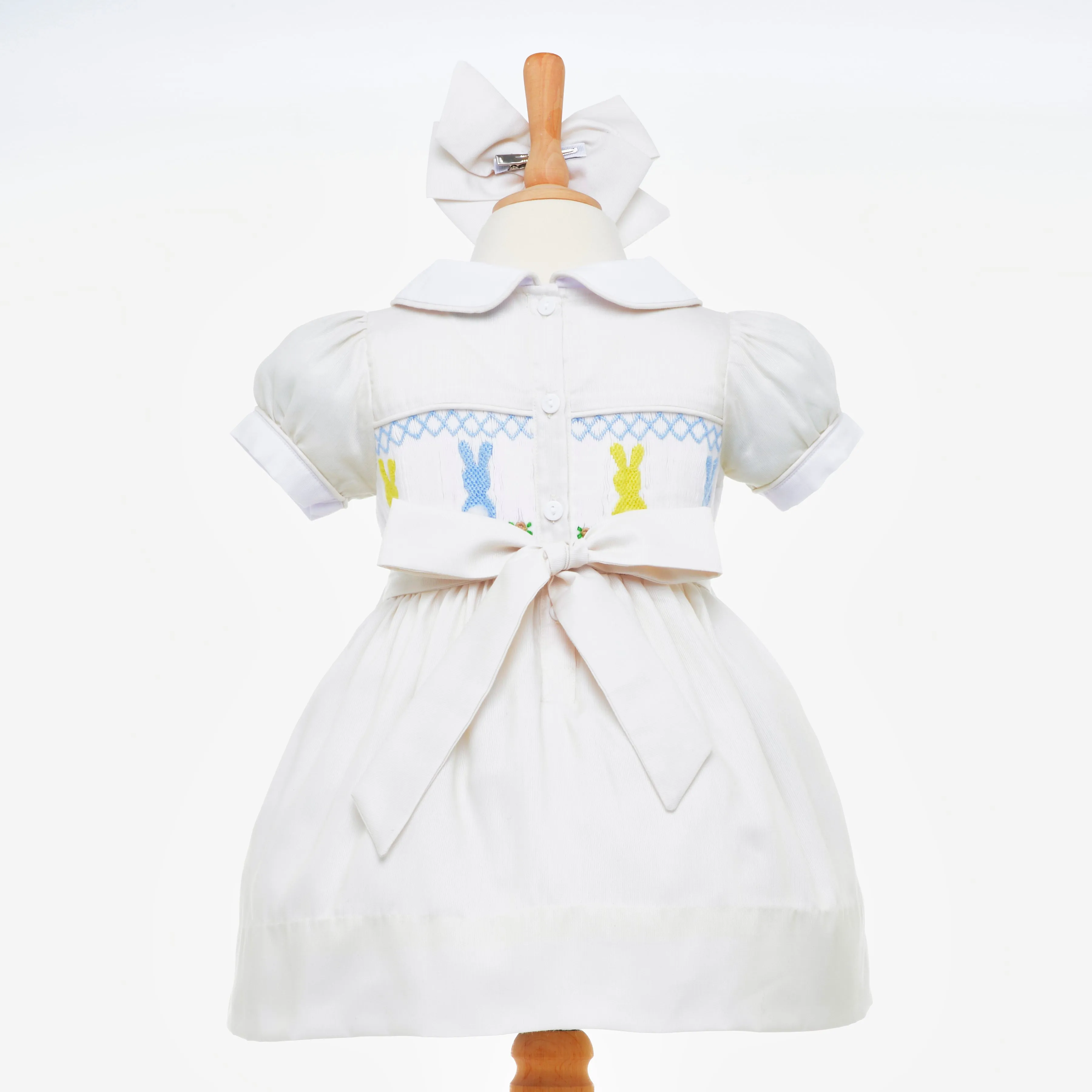Ocean Baby Cream/Pale Lemon Cotton Smocked Front & Back Bunny Dress (NB-8Yrs)