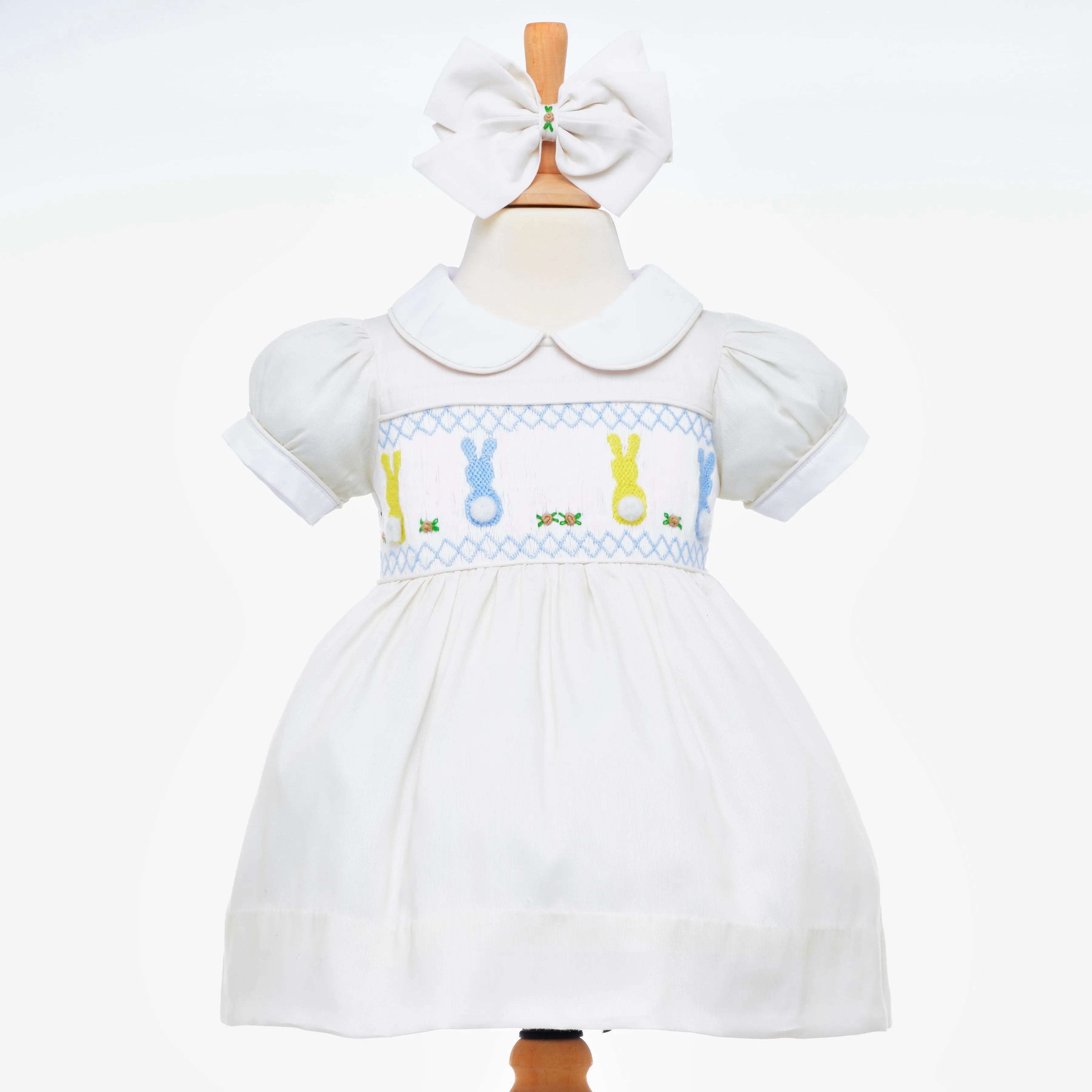 Ocean Baby Cream/Pale Lemon Cotton Smocked Front & Back Bunny Dress (NB-8Yrs)