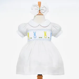 Ocean Baby Cream/Pale Lemon Cotton Smocked Front & Back Bunny Dress (NB-8Yrs)