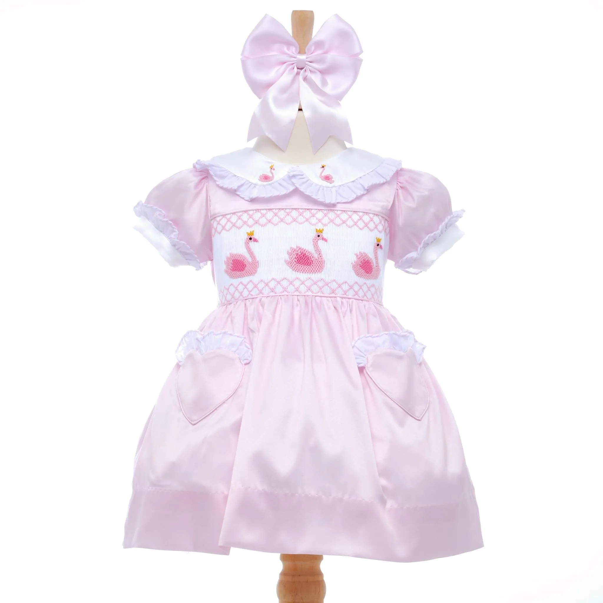 Ocean Baby Girls Exclusive Rose Swan Lux Collection Satin Smocked Petticoat Layered Dress (NB-6Yrs)