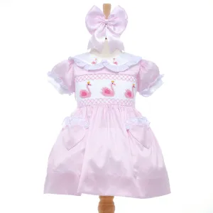 Ocean Baby Girls Exclusive Rose Swan Lux Collection Satin Smocked Petticoat Layered Dress (NB-6Yrs)