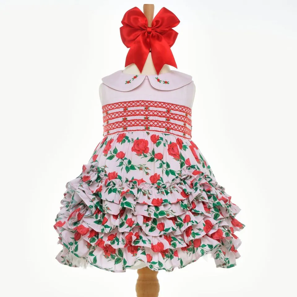 Ocean Baby Girls Smocked Petticoat Layered Red Rose Ruffle Dress (6M-8Yrs)