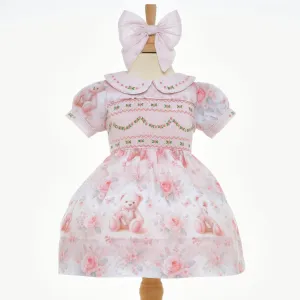 Ocean Baby Smocked Floral Teddy Bear Themed Dress (NB-4Yrs)