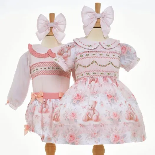Ocean Baby Smocked Floral Teddy Bear Themed Dress (NB-4Yrs)