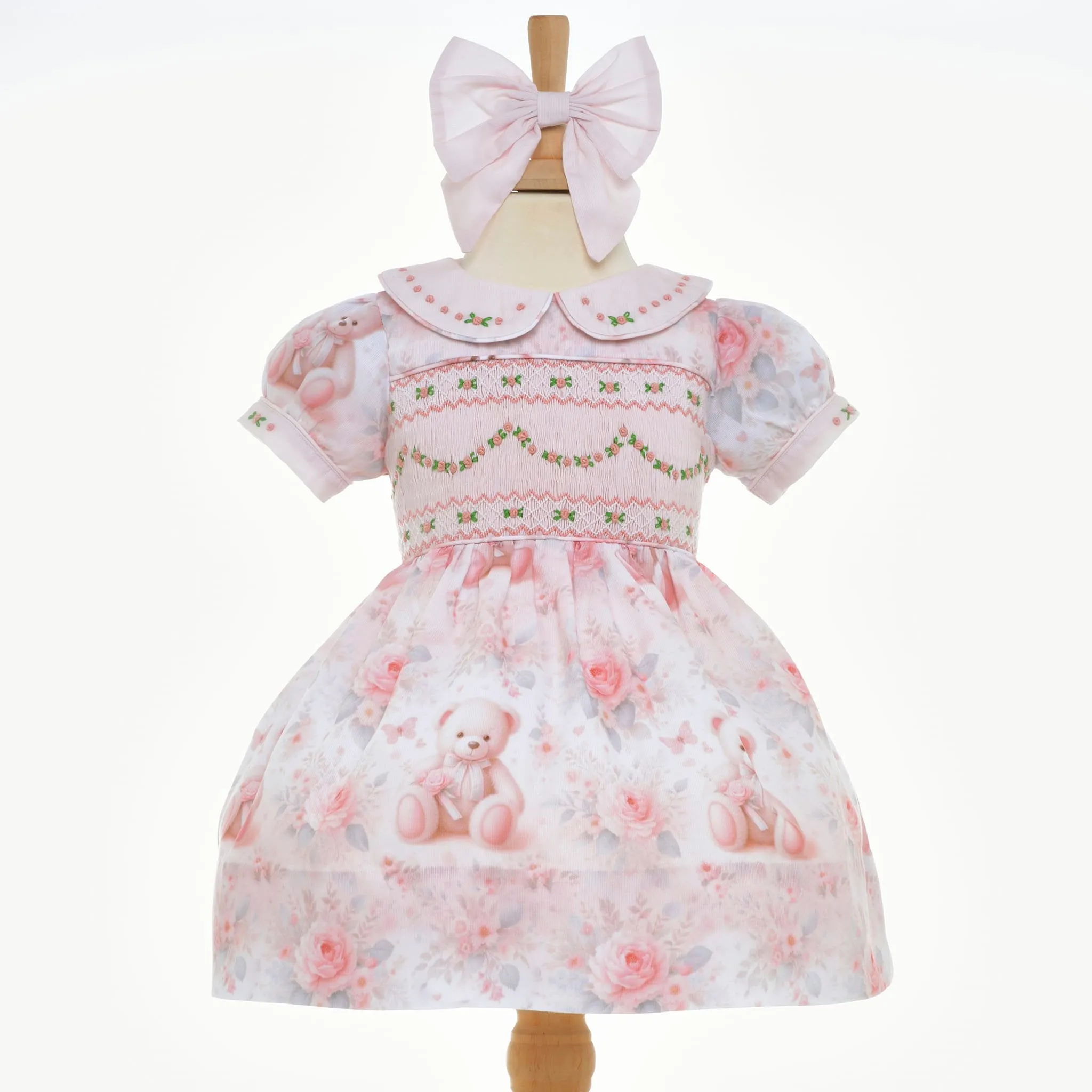 Ocean Baby Smocked Floral Teddy Bear Themed Dress (NB-4Yrs)