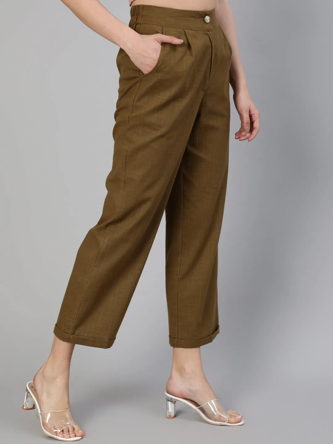 Olive Cotton Slub Straight High Rise Bottom Fold Pants