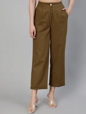 Olive Cotton Slub Straight High Rise Bottom Fold Pants