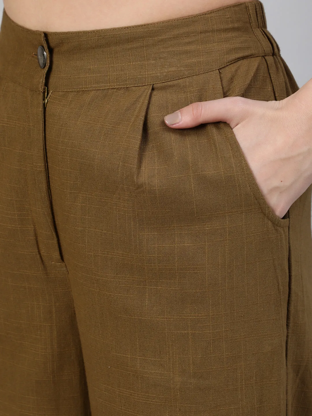 Olive Cotton Slub Straight High Rise Bottom Fold Pants