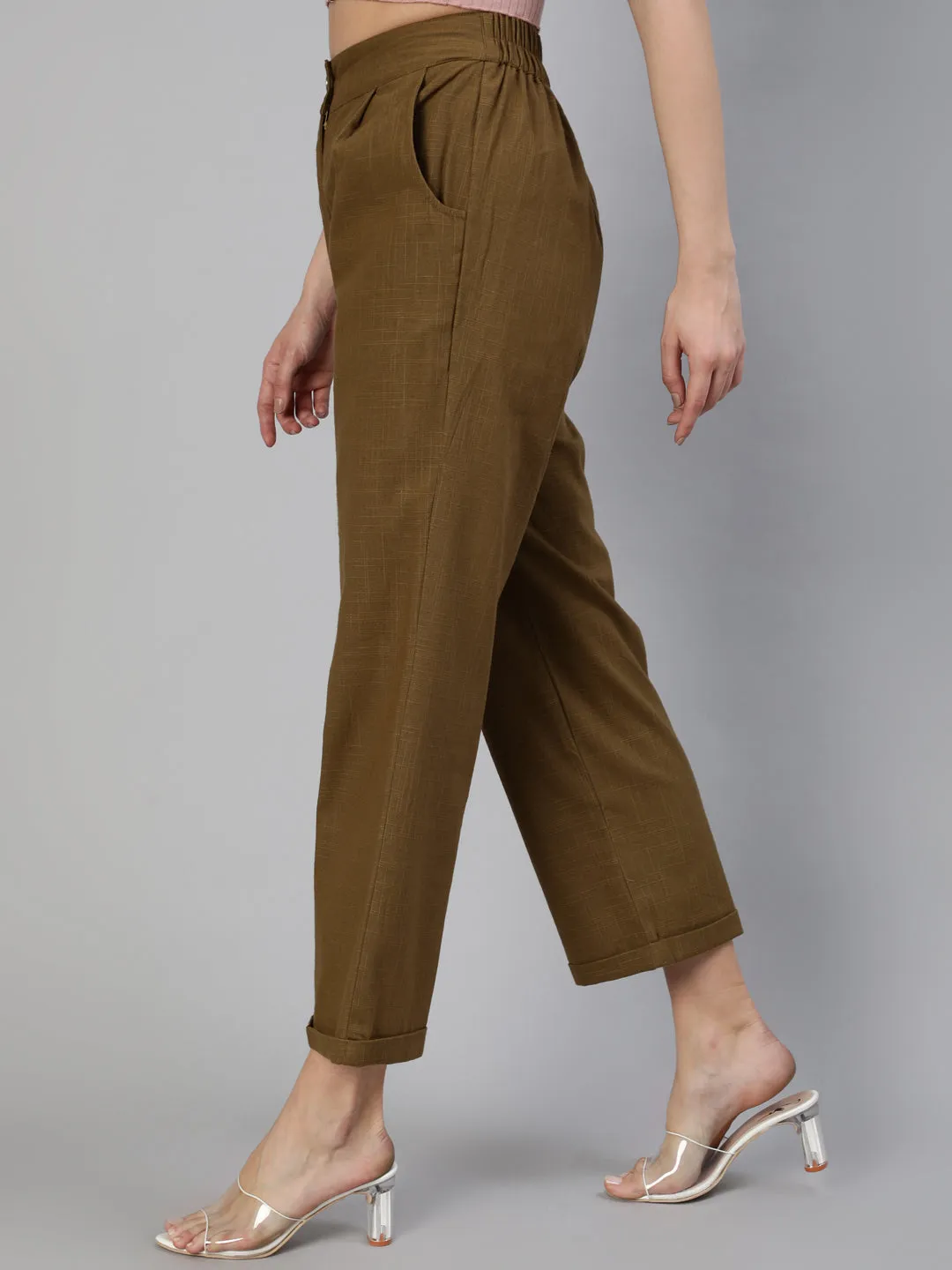 Olive Cotton Slub Straight High Rise Bottom Fold Pants
