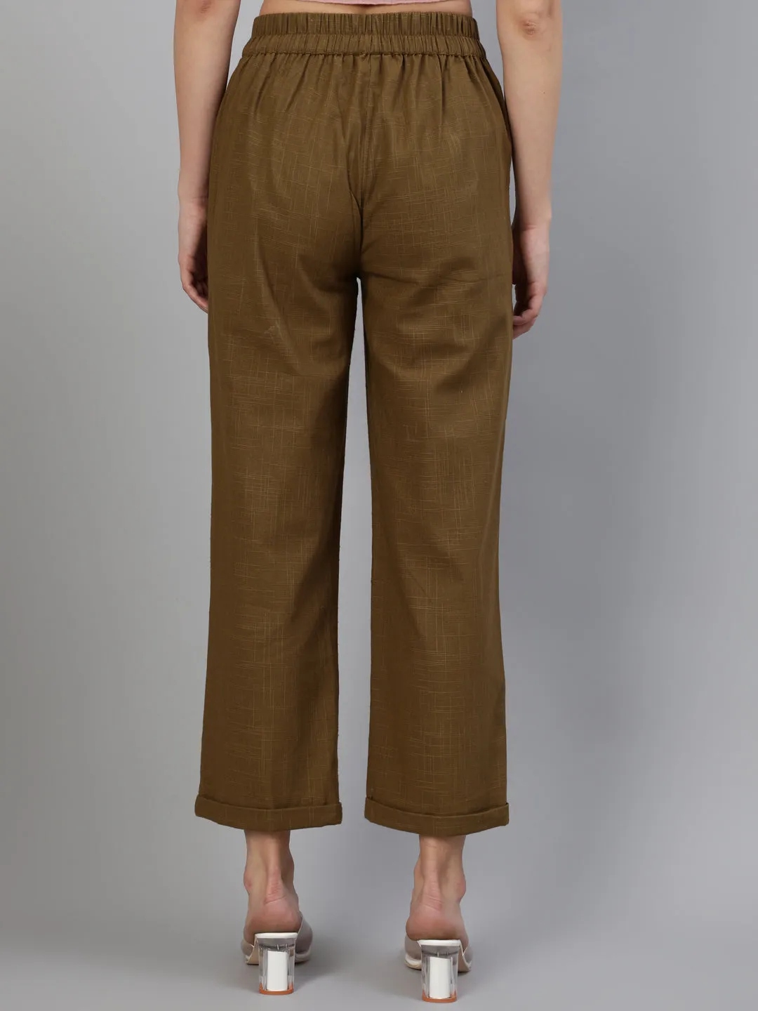Olive Cotton Slub Straight High Rise Bottom Fold Pants