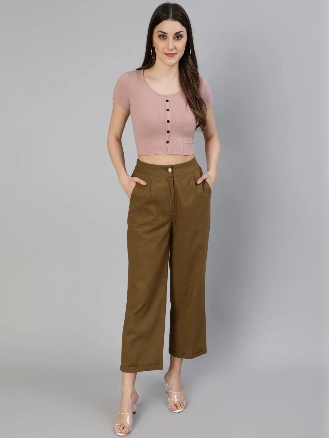 Olive Cotton Slub Straight High Rise Bottom Fold Pants